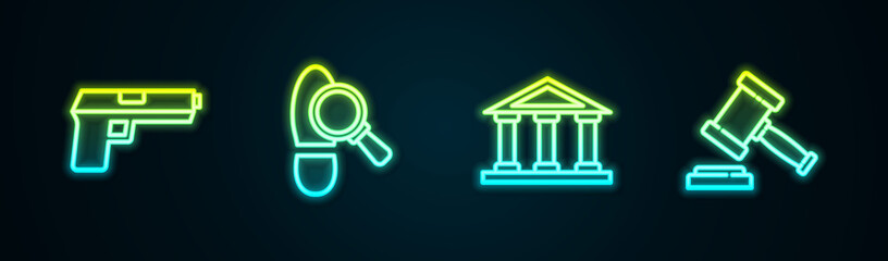 Set line Pistol or gun, Footsteps, Courthouse building and Judge gavel. Glowing neon icon. Vector