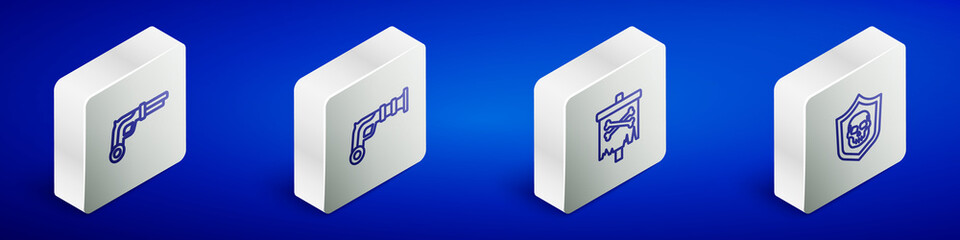 Set Isometric line Vintage pistols, , Pirate flag and Shield with pirate skull icon. Vector