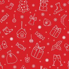 Christmas seamless pattern with snowman, christmas tree, candies, gifts, snowflakes. Doodle style. New Year template for winter decoration, fabric, textile, wrapping paper, wallpaper. 
