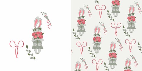 Cute bunny with a bouquet of roses, pattern for kids fabric, vector