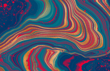 Turquoise red marble with gold. Beautiful blotches of red with mysterious patterns. Vector illustration.