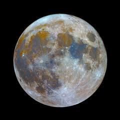 Full mineral Moon phase  with its natural colors, from red to blue, iron and titanium. Taken with my telescope.