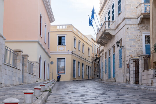 Neoclassical buildings at capital of Syros island, Hermoupolis, Cyclades, Greece.