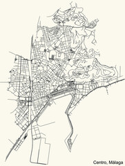 Black simple detailed street roads map on vintage beige background of the quarter Centro district of Malaga, Spain