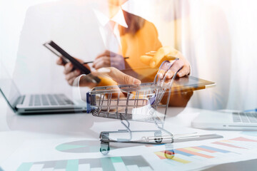 Social media interactions on mobile phone. concept with notification icons of social media. businessman hands holding device. internet digital marketing online community.