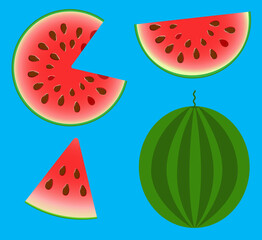 Watermelon set icons: full fruit, a slice and a half, for stickers, web design, vector illustration in flat style