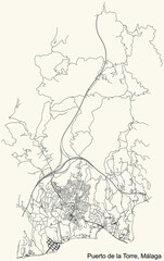 Black simple detailed street roads map on vintage beige background of the quarter Puerto de la Torre district of Malaga, Spain