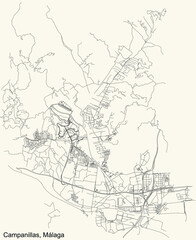 Black simple detailed street roads map on vintage beige background of the quarter Campanillas district of Malaga, Spain
