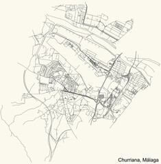 Fototapeta na wymiar Black simple detailed street roads map on vintage beige background of the quarter Churriana district of Malaga, Spain