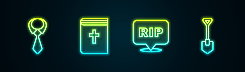 Set line Tie, Holy bible book, Speech bubble rip death and Shovel. Glowing neon icon. Vector