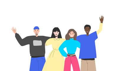 Obraz premium Community concept. Group of happy teenagers, students, millennials. Portrait of stylish smiling teenage boys and girls standing in row or line. Young generation. Flat colorful vector illustration.
