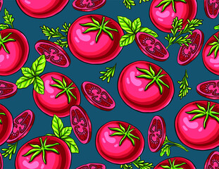 Delicious hand drawn vector red vegetables. Stylish seamless pattern with tomatoes. Mouth-watering print.