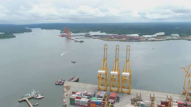 Aerial view of the cargo port of Buenaventura, Valle del Cauca, Colombia. Buenaventura is currently the most important Colombian port on the Pacific Ocean.