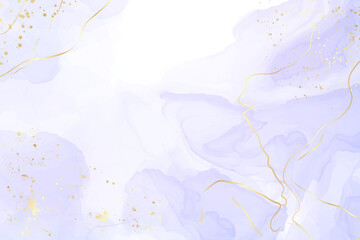Abstract luxury lavender liquid watercolor background with golden cracks. Pastel violet marble alcohol ink drawing effect. Vector illustration design template for wedding invitation © svetolk