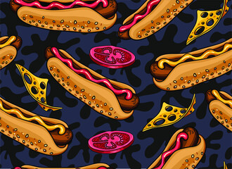 Delicious hand drawn vector hot dogs with ketchup and mustard. Cheese, tomatoes, sausage, bread and sauce. Stylish seamless pattern with appetizing food items. Fast food to eat on the street