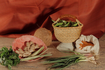 Spread of herbs and vegetables for African stew