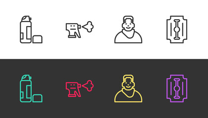 Set line Shaving gel foam, Hairdresser pistol spray bottle, Client barbershop and Blade razor on black and white. Vector