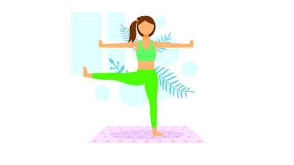 Abstract Flat WoMan On Carpet Cartoon People Character Concept Illustration Vector Design Style With Leaves Physical Exercises Spiritual Sport Practice