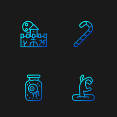 Set line Zombie hand, Eye in jar, Castle, fortress and Christmas candy cane. Gradient color icons. Vector