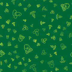 Set line Witch hat, Tombstone with RIP written and Burning candle on seamless pattern. Vector