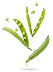 Young green pea pods are flying on a white background. Isolated