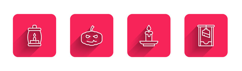 Set line Camping lantern, Pumpkin, Burning candle and Guillotine with long shadow. Red square button. Vector