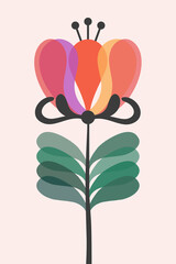 Retro style illustration of colorful flower with green leaves on pink background