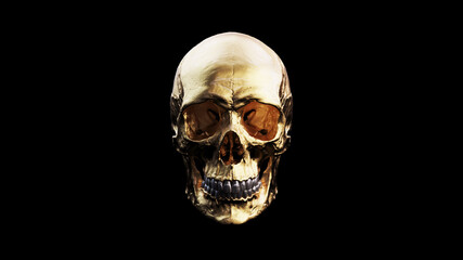 Gold Human Female Skull With Silver Teeth and Black Background Medical Anatomical and Jaw Bone 3d illustration render