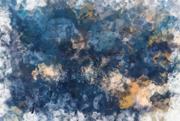 Abstract painting - Reflection of the sky and landscape in the water. Contemporary Art - Blurry blue clouds and sandy streaks.