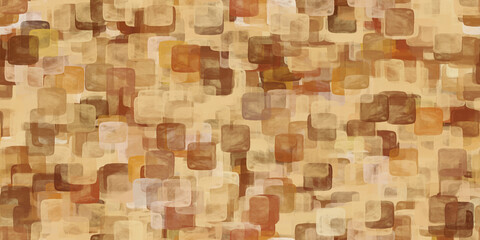 Abstract chaotic pattern made with a soft sponge in the shape of a square with rounded corners. Geometric seamless pattern in beige and brown colors.