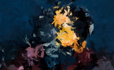Fototapeta na wymiar Modern Art - The Warmth of Human Hearts Conquers Darkness. Abstract oil drawing - Couple Hugging at Night. High-resolution horizontal image with bright yellows on deep blues.