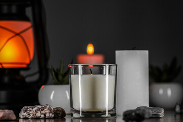 Burning aromatic candle and plants on table.