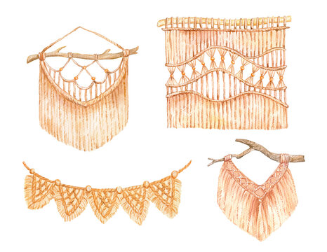 Watercolor Boho Macrame Decor. Hand Drawn Illustration