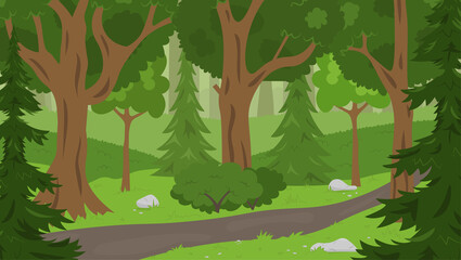 Summer forest background with trees, fir trees and bushes. Concept vector illustration. Perfect for background, wallpaper, poster or banner.