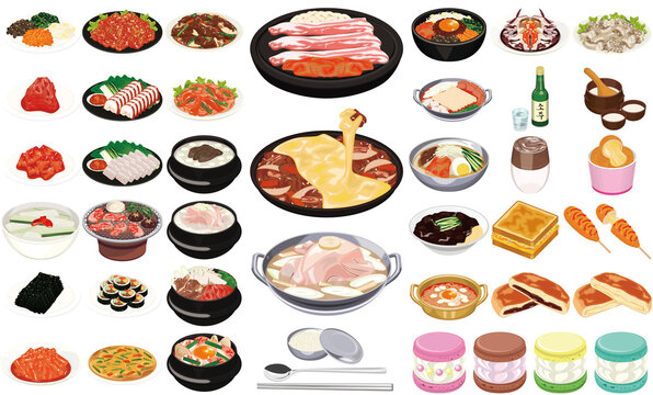 韓国の人気料理・グルメイラスト①（焼肉、チーズダッカルビ、ヤンニョムチキン、トゥンカロン）