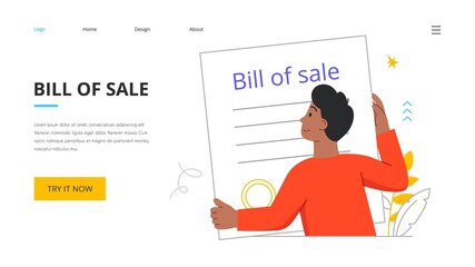 Bill of sale concept with tiny young male character