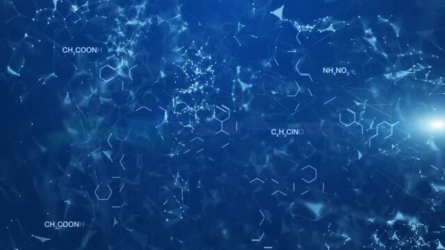 Chemical molecules and bonds animated on blue abstract background.
