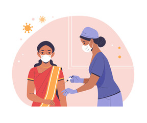 Coronavirus (COVID-19) Vaccination. Vector modern illustration of a young adult Indian woman in a red sari and a doctor with a syringe, making an injection. Isolated on abstract background