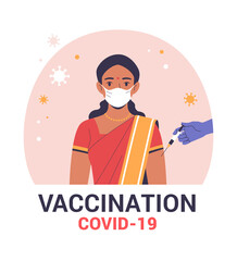 Vaccination against COVID-19 banner template. Vector modern illustration of a young adult Indian woman in a red sari and a doctor's hand with a syringe. Isolated on abstract background