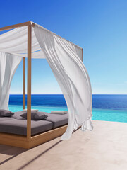 Fototapeta na wymiar 3d render of a canopy Curtain wind blow, lounge sun bed with a pool in summer holidays 