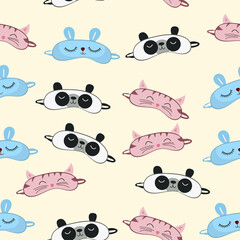 Seamless pattern sleep mask with cute animals face. Eye protection wear accessory. Relaxation blindfold. Cartoon vector illustration.