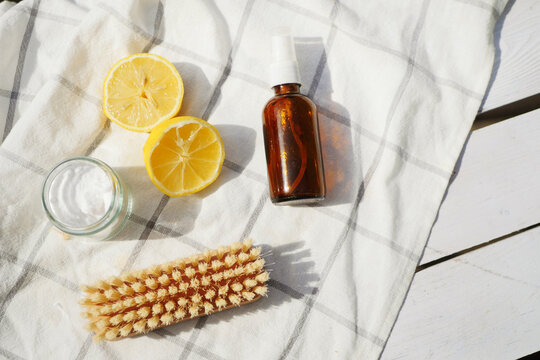 Eco friendly cleaning products. Zero waste ingredients flat lay. Sodium and lemon 