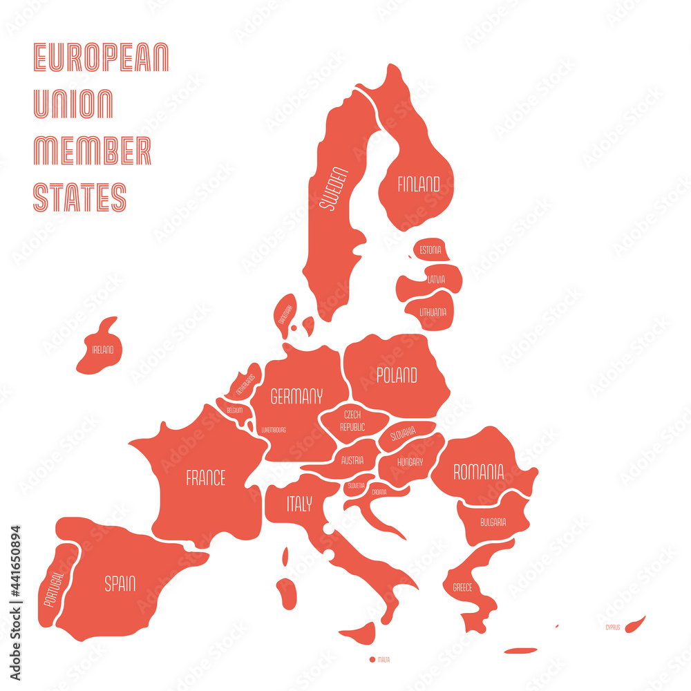 Poster simplified map of eu, european union. rounded shapes of states with smoothed border. red simple flat