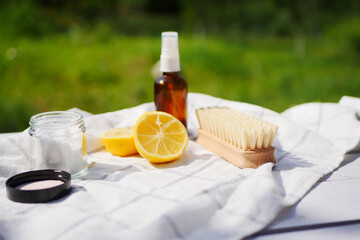 Zero waste cleaning products for house. Baking soda, lemon and vinegar detergent. Eco friendly...