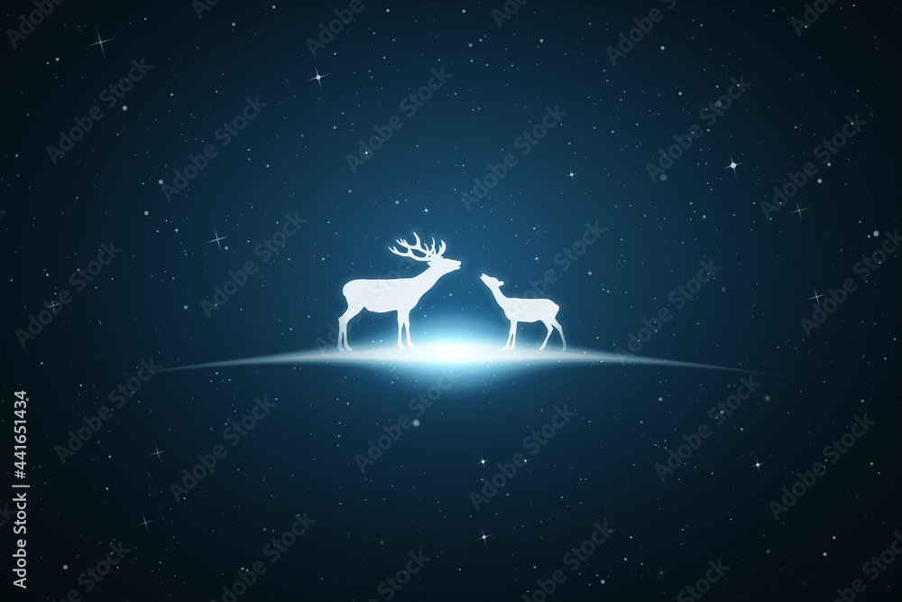 Poster deer family. endangered animal silhouette. starry sky, glowing outline