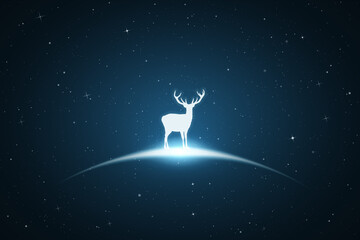 Obraz na płótnie Canvas Lonely deer. Endangered animal silhouette. Starry sky, glowing outline.