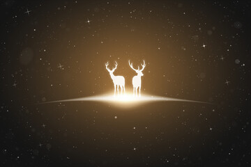 Deer couple. Endangered animal silhouette. Starry sky, glowing outline