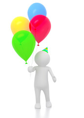3D small person holding balloons. 3d illustration.