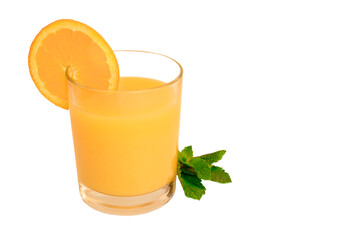 glass of orange juice, orange rings and leaf branch on white background