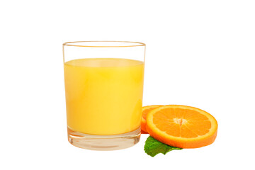 glass of orange juice, orange rings and leaf branch on white background